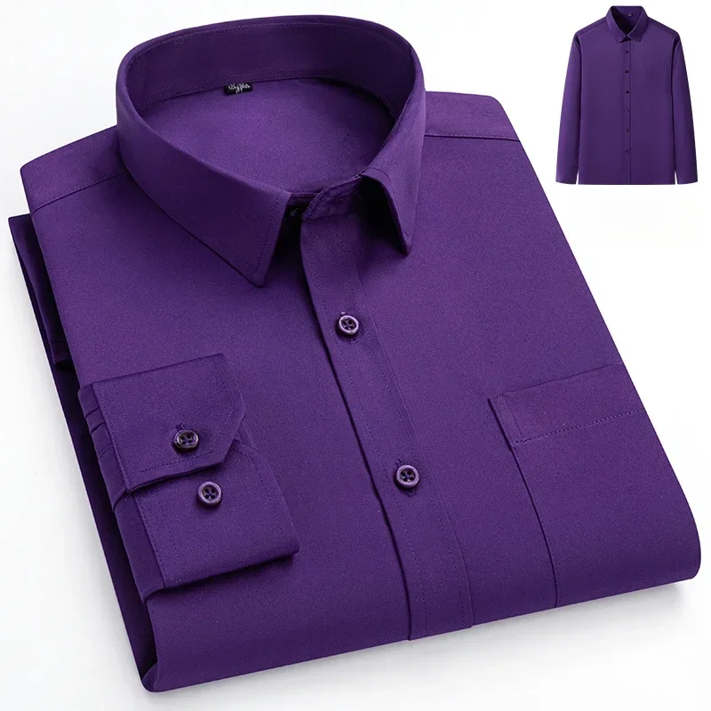 2025 New in Elastic Long-sleeve Shirts for Men Slim Fit Formal Plain Shirt Solid Color Single Pocket Office White Red Plus Size