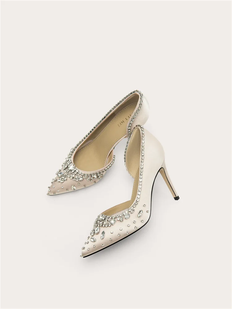 Spring new pointed silk crystal small size low heel wedding shoes banquet large size widened version slim high heels women shoes