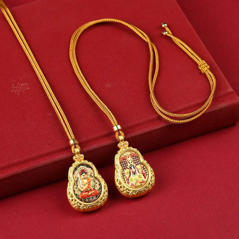 Chinese Style Lucky Gourd Double Sided Thangka Pendant Dragon Lord Wuye 12 Zodiac Natal Buddha Patron Saint Amulet Blessing Weal