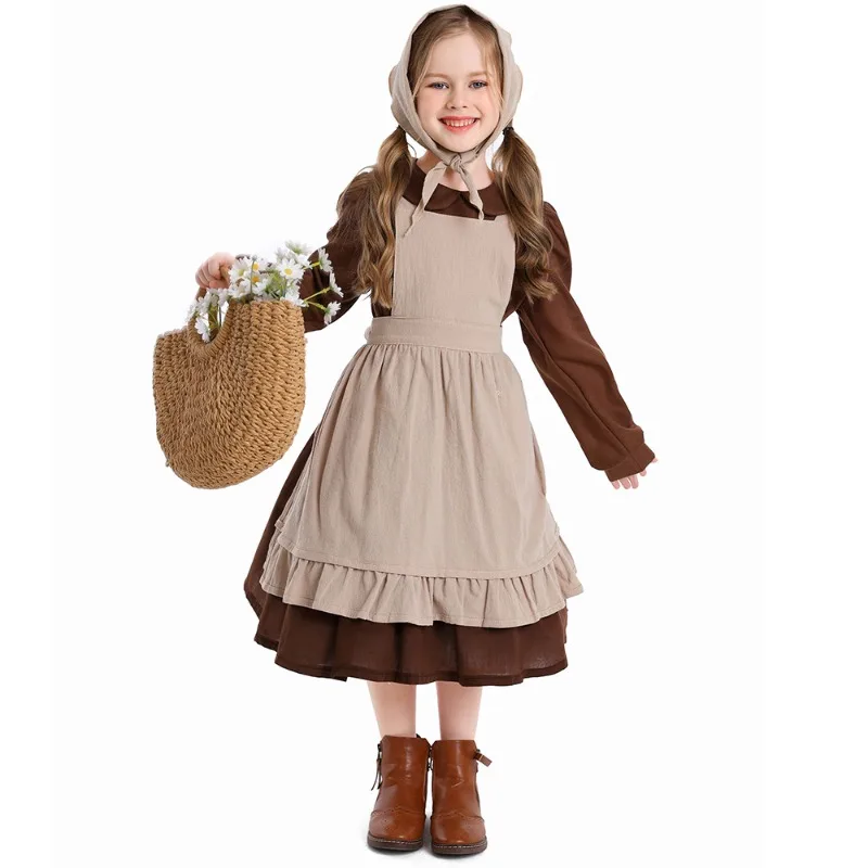 New Halloween Cosplay Costume Maid Apron Headscarf Long Sleeve Dress Suits Holiday Theme Party Role Playing Outfits for Girls