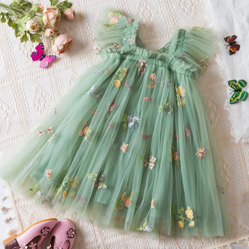 Korean Style Floral Embroidered Mesh Dress for Girls - Flutter Sleeve Spaghetti Strap Princess Tutu Dress