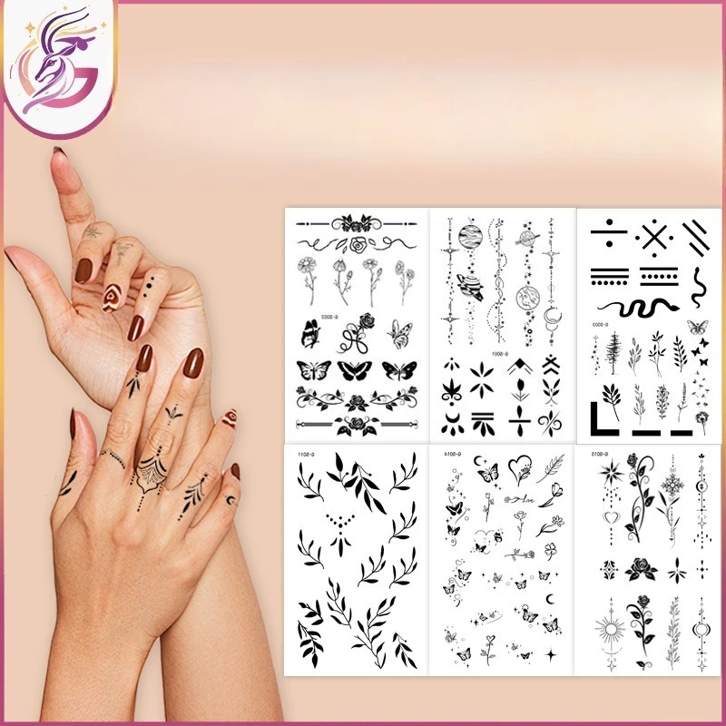 Fashion Temporary Tattoos 50Pcs Black Series Small Finger Designs Waterproof Self Adhesive Body Art Stickers for Party Festival