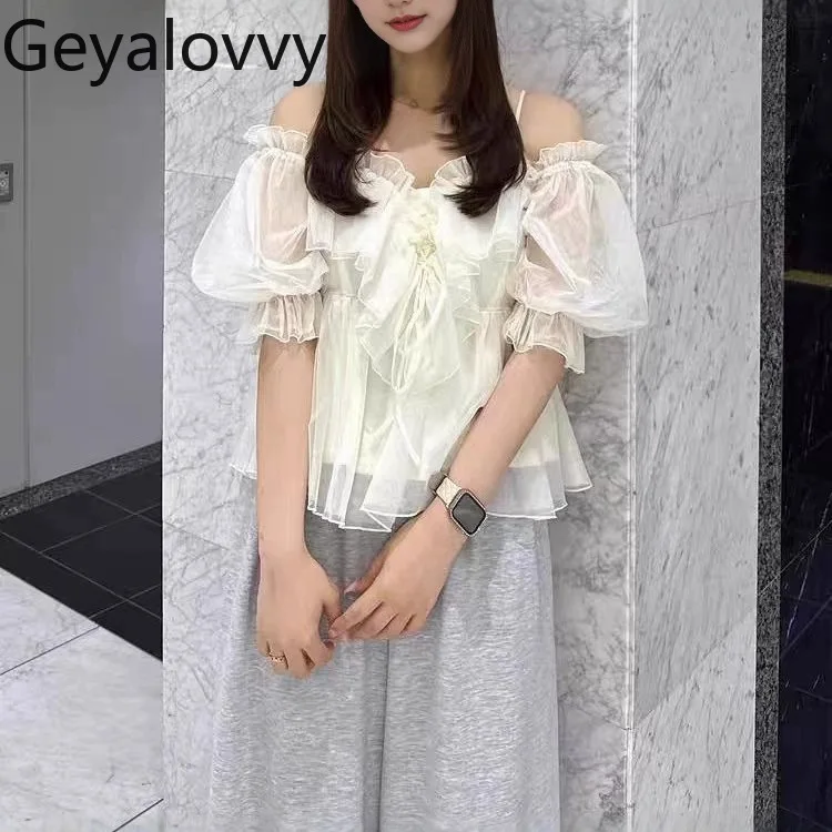 Romantyczna bluzka z falbankami, odkryte ramiona, wysoki stan, szyfonowa bluzka, modna, jednolita, damska, letnia.