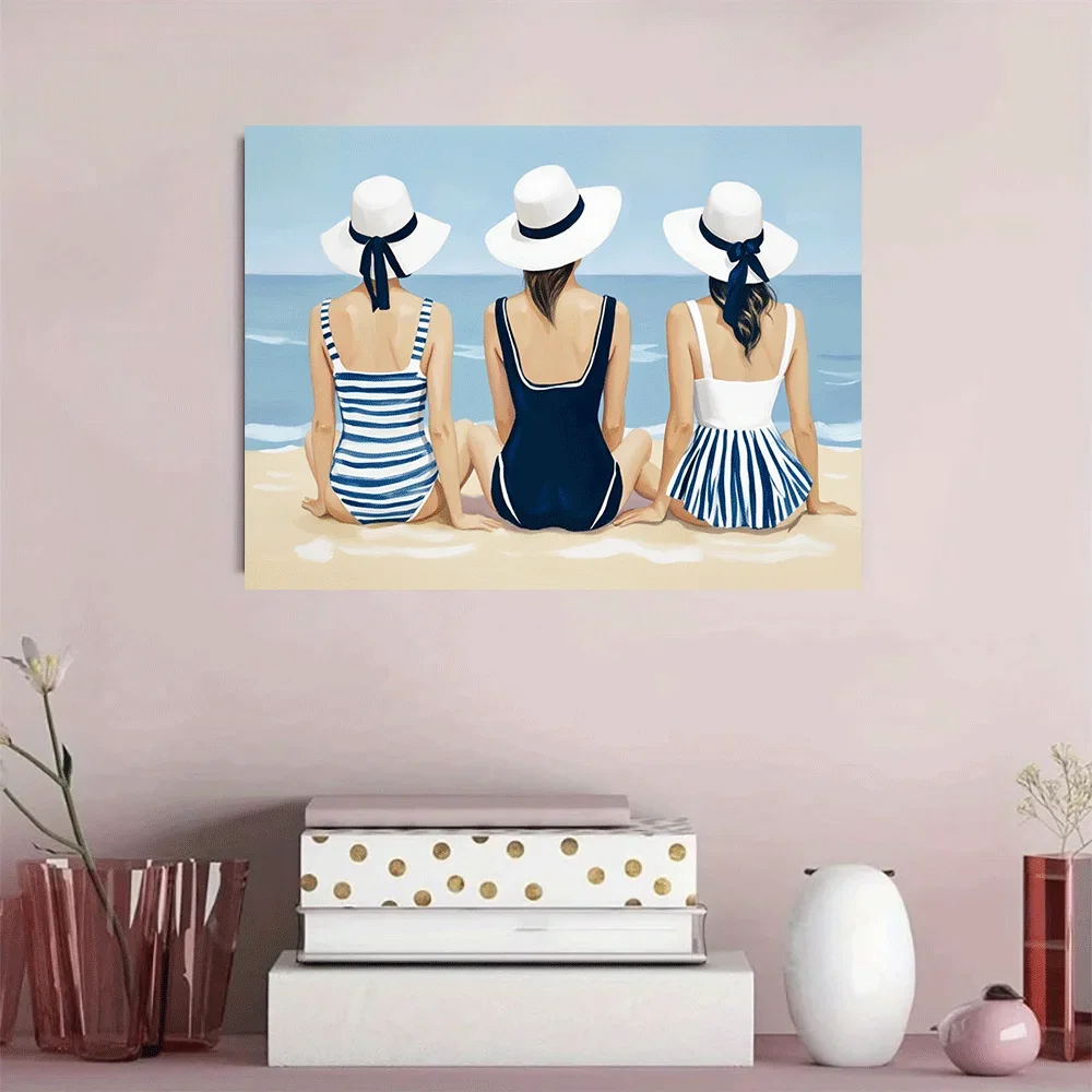 1pc frameless Canvas Painting 1PC-Unframed Canvas poster wall decoration  Beach Girls in Striped Swimsuits White Hats Summer Oce