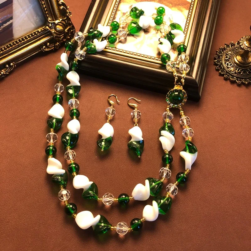 vintage jewelry elegant green  white color-blocked glass necklace  бижутерия stud earrings jewelry versatile fashionable