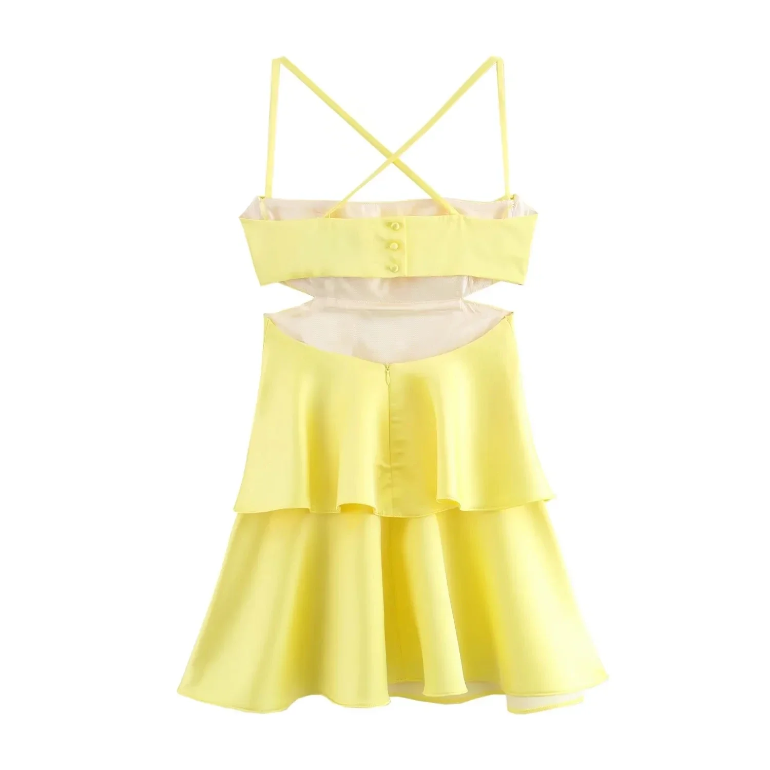 TRAF Cut Out Mini abito giallo pieghettato senza maniche abito in raso estate croce Backless abiti corti per le donne abiti da festa Sexy