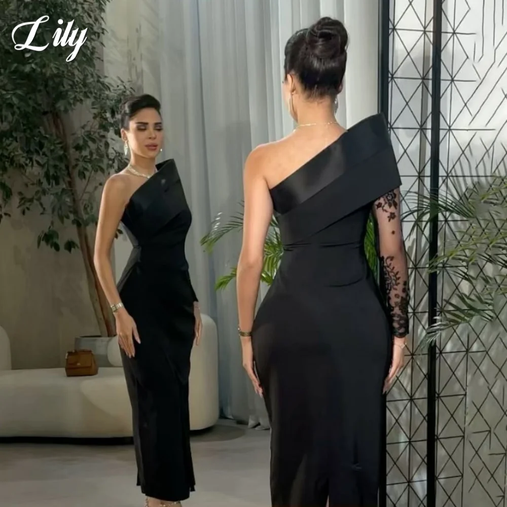 

Lily Sexy Black Elegant Stain Party Gown One Shoulder Trumpet Lace Prom Dresses with Simple Pleated Evening Dresses Customized