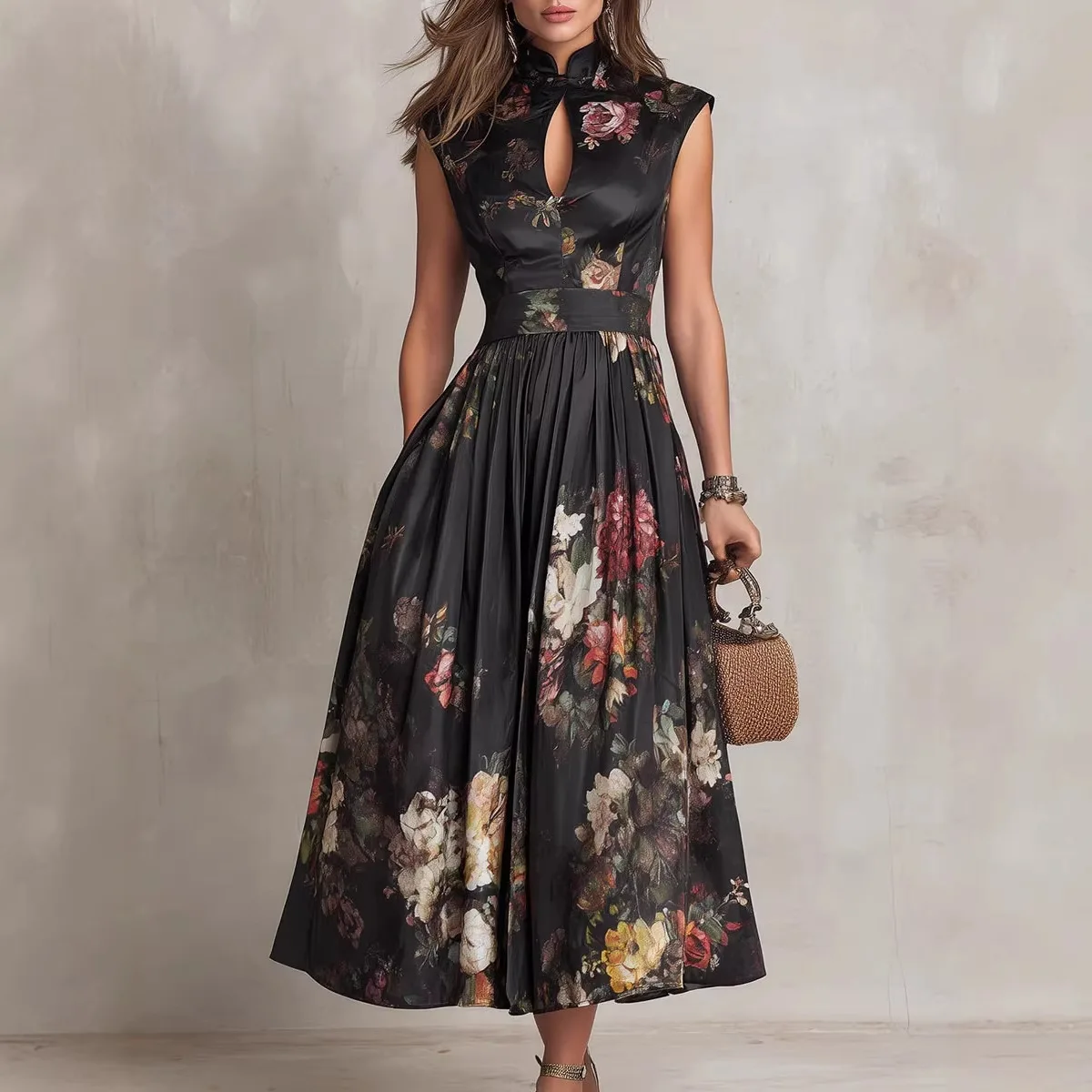 

Women's Sleeveless Print Long Dress New Fashion Stand Collar High Waist Pleated Dress Elegant Slim Fit vacation Long Dresses