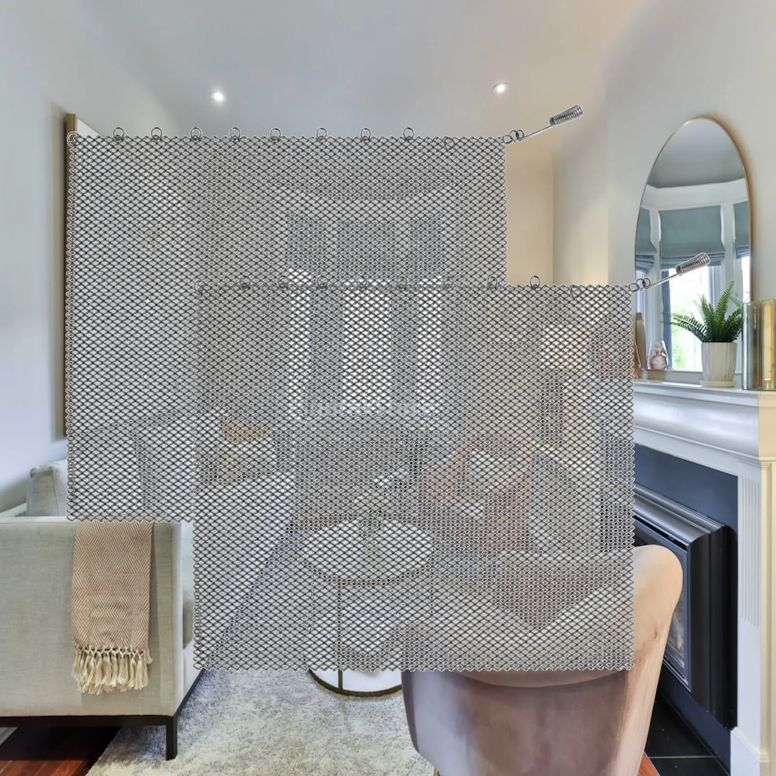 Fireplace Spark Guard Curtain Metal Mesh with Top Rings Rust Proof for Burning Wood Fireplace