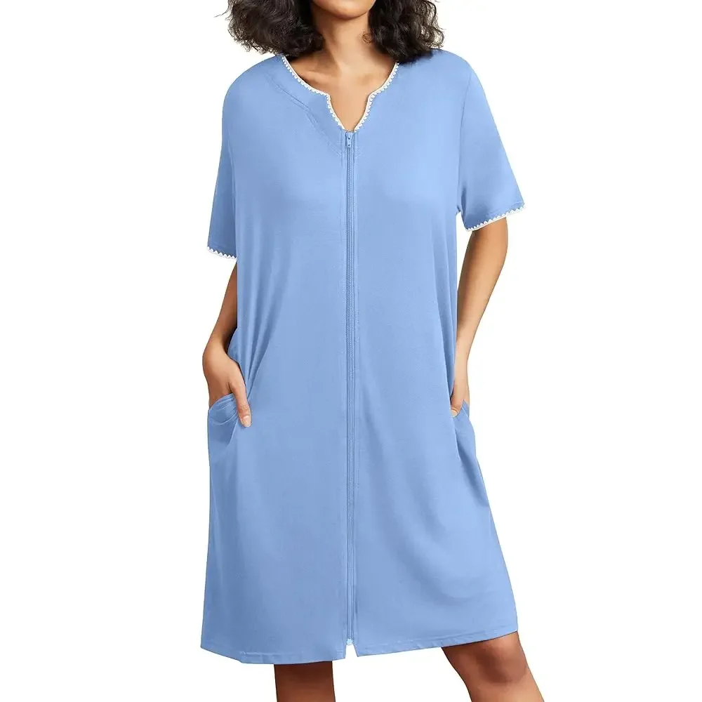 

Женские халаты на молнии с коротким рукавом, легкие домашние халаты-кимоно, ночные сорочки с карманами, размеры S-3XL