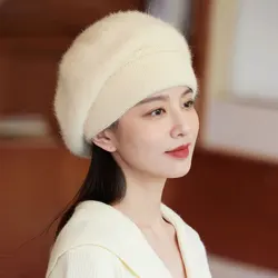 Beret Women Winter Angora Knit Hat Double Layers Warm Soft Accessory For Autumn Outdoors Sports Cold Weather