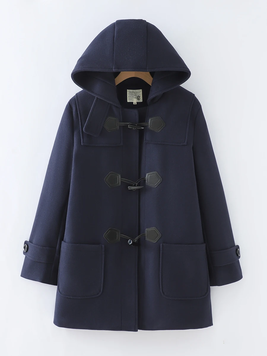 

Осенне-зимнее женское шерстяное пальто с роговыми пуговицами и капюшоном Thiened Commuter Sle из полиэфирного волокна Casual Fem Jaet