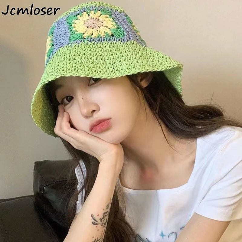 

100% Hand-woven Girl Sun Hat Summer Hats For Women Beach Panama Straw Bohemian style Femme Shade Hat Sunshade Cap