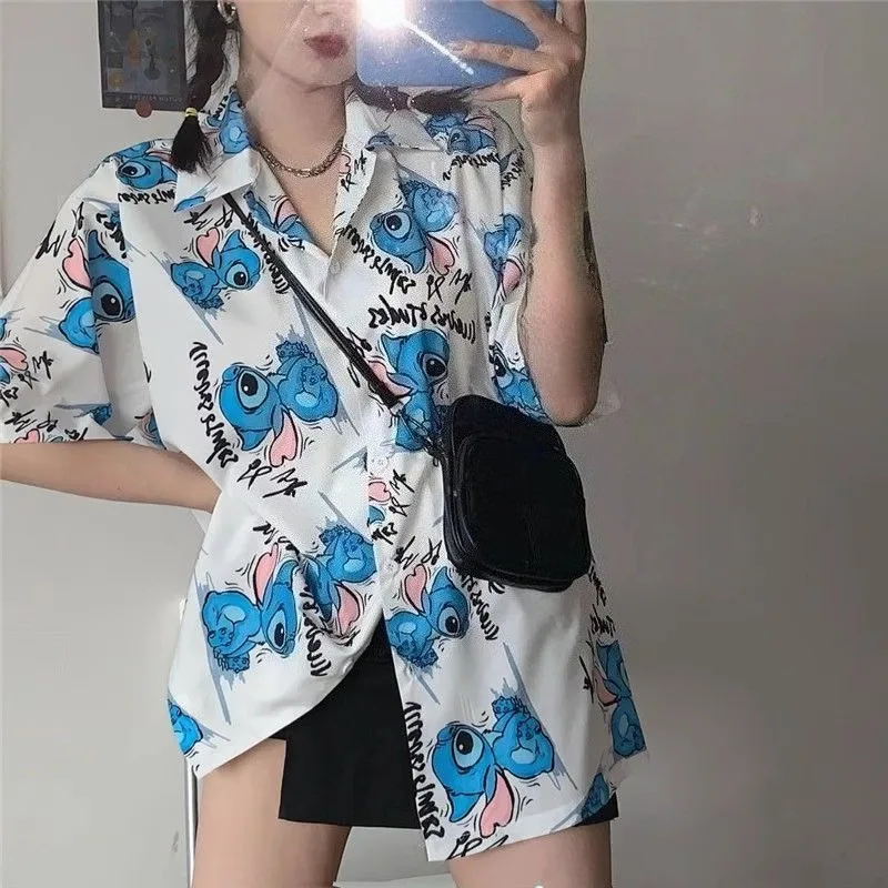 Lilo&Stitch Printed Short Sleeve Shirt Summer New Style Girls' Casual Versatile Short Sleeve Shirt Anime Cartoon Kawaii Clothing