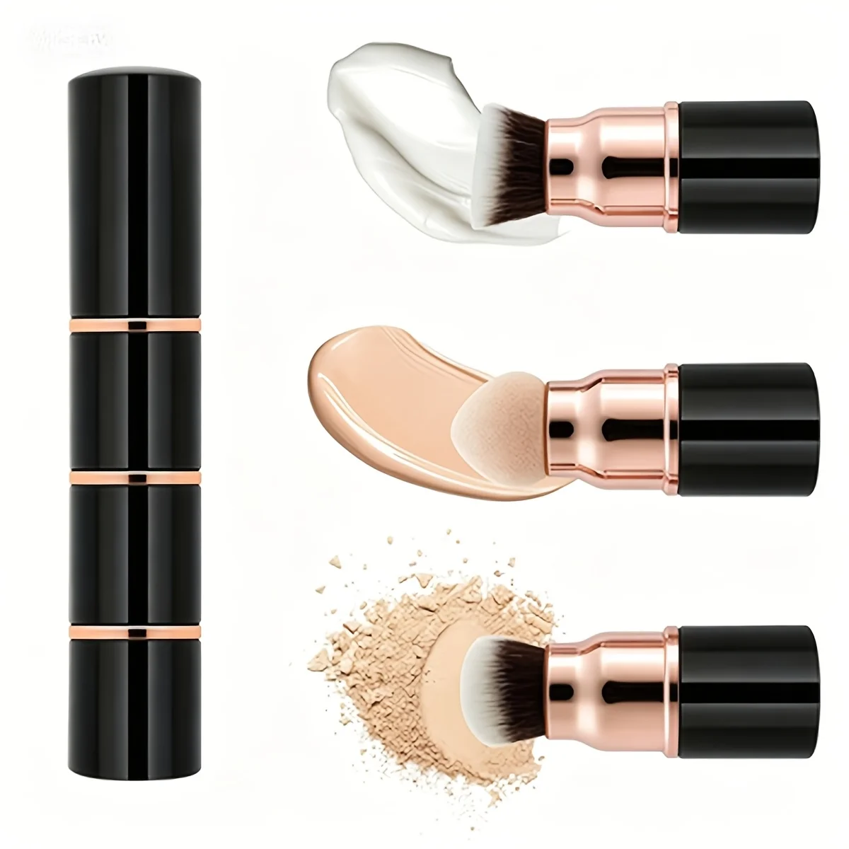 Three-In-One Advanced Mini Portable Makeup Brush with Dust-Proof Cover, Detachable Foundation, Powder, and Blush Brush, Can Be Freely Combined, Includes Foundation Sponge Head, Angled Foundation Brush Head, Loose Powder Brush Head, One Brush to Meet Daily Simple Makeup Needs, Easy to Carry and Store When Going Out, Bionic Fiber Bristles Are Soft, Comfortable, and Skin-Friendly, Thickened Aluminum Tube to Secure the Bristles, Firm and Not Easily Deformed