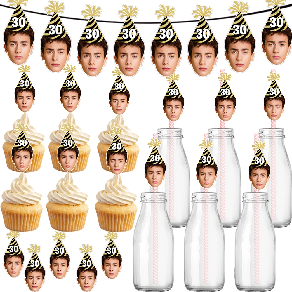Maßgeschneiderte Geburtstagsfeier, Porträt und Alter, Geburtstag, Hutmuster, Banner, Geschenkaufkleber und Kuchendekoration, Plugins, Strohset