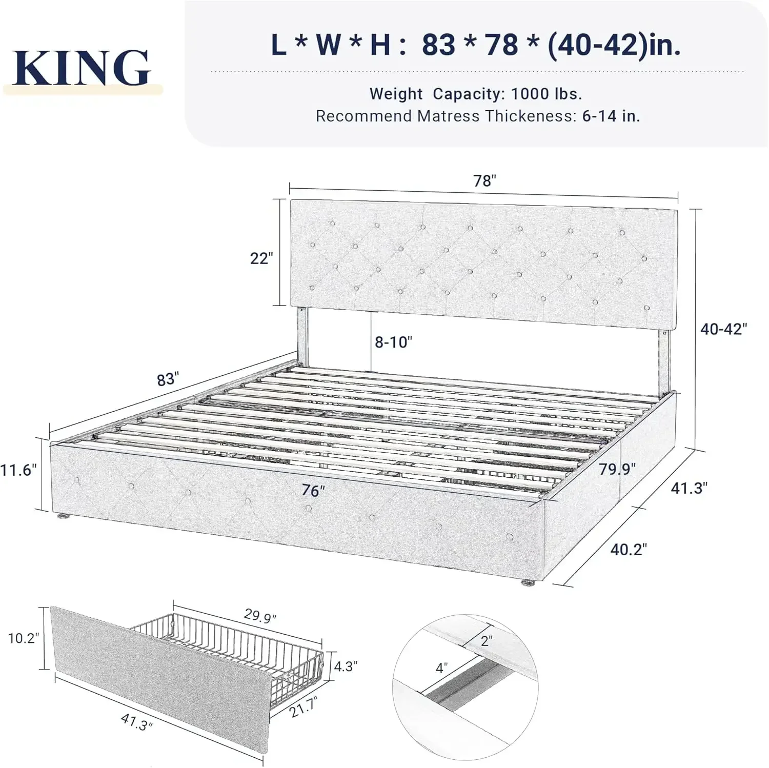 Upholstered King Size Platform Bed Frame with 4 Storage Drawers and Headboard, Diamond Stitched Button Tufted, Mattress