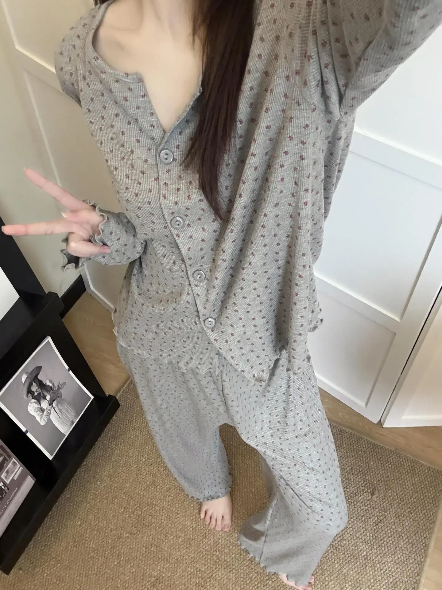 Women Bow Print Pajama Set Long Sleeve Button Top & Pants 2Pcs Autumn Soft Loungewear Soft Comfortable Sleepwear Home Clothes - view 6