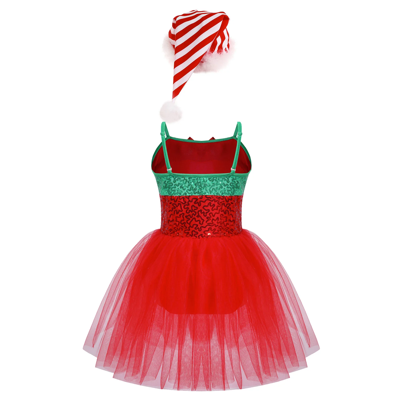 Girls Christmas Party Dress Bow Sequin Mesh Tutu Leotard with Hat Xmas Santa Claus Cosplay Costume Ballet Dance Skating Clothes