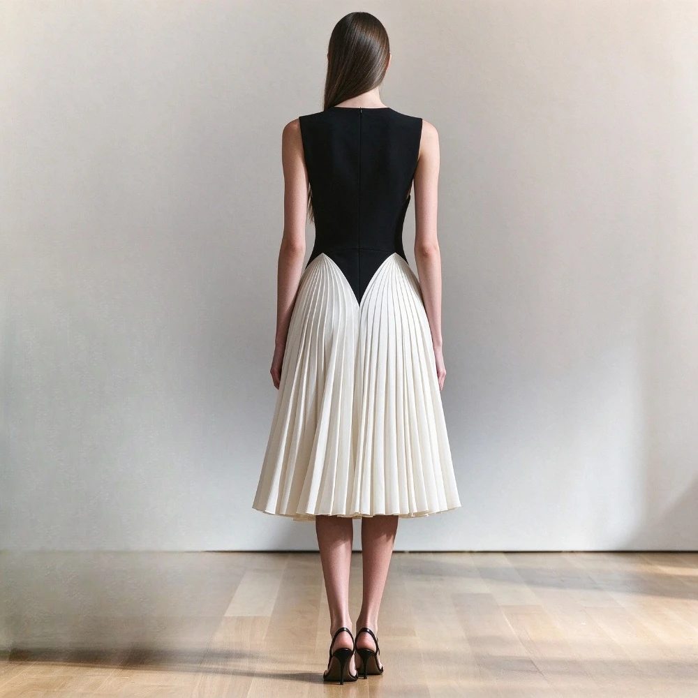 Customized Black White Color Block Midi Evening Dress Deep V‑Neck Sleeveless Pleated Skirt A‑Line Formal Party Gown with Pockets