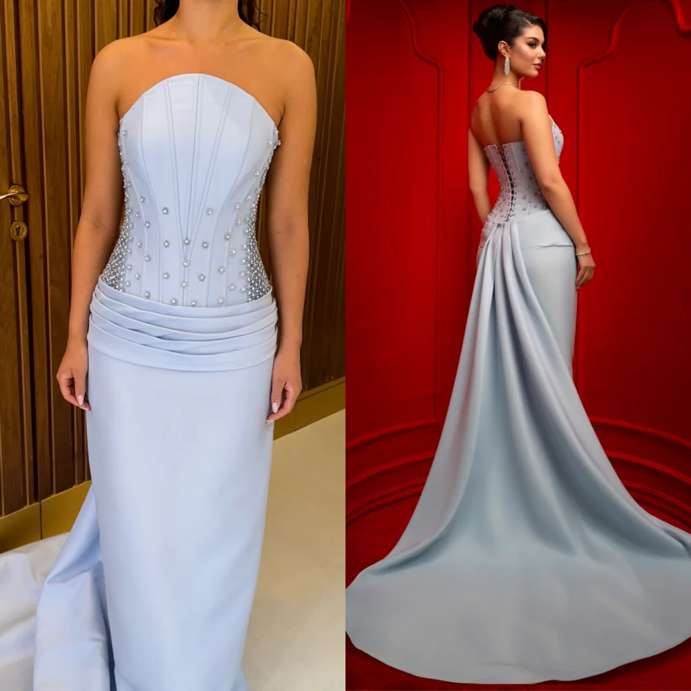 

Customized Fashion Elegant Jersey Sequined Pleat Straight Strapless Long Dresses Bespoke Occasion Formal