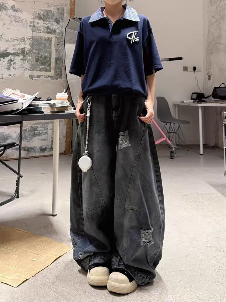 المرأة السوداء القوطية Y2k فضفاض ممزق الجينز Harajuku خمر سراويل جينز اليابانية 2000s نمط الجرونج ايمو الجينز السراويل الملابس