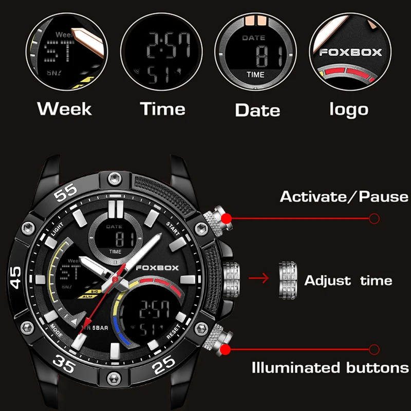 FOXBOX Men Watch Quartz Top Brand Luxury Digital LED Male Clock Military Sport Original Silicone Classic Wristwatch Montre Homme