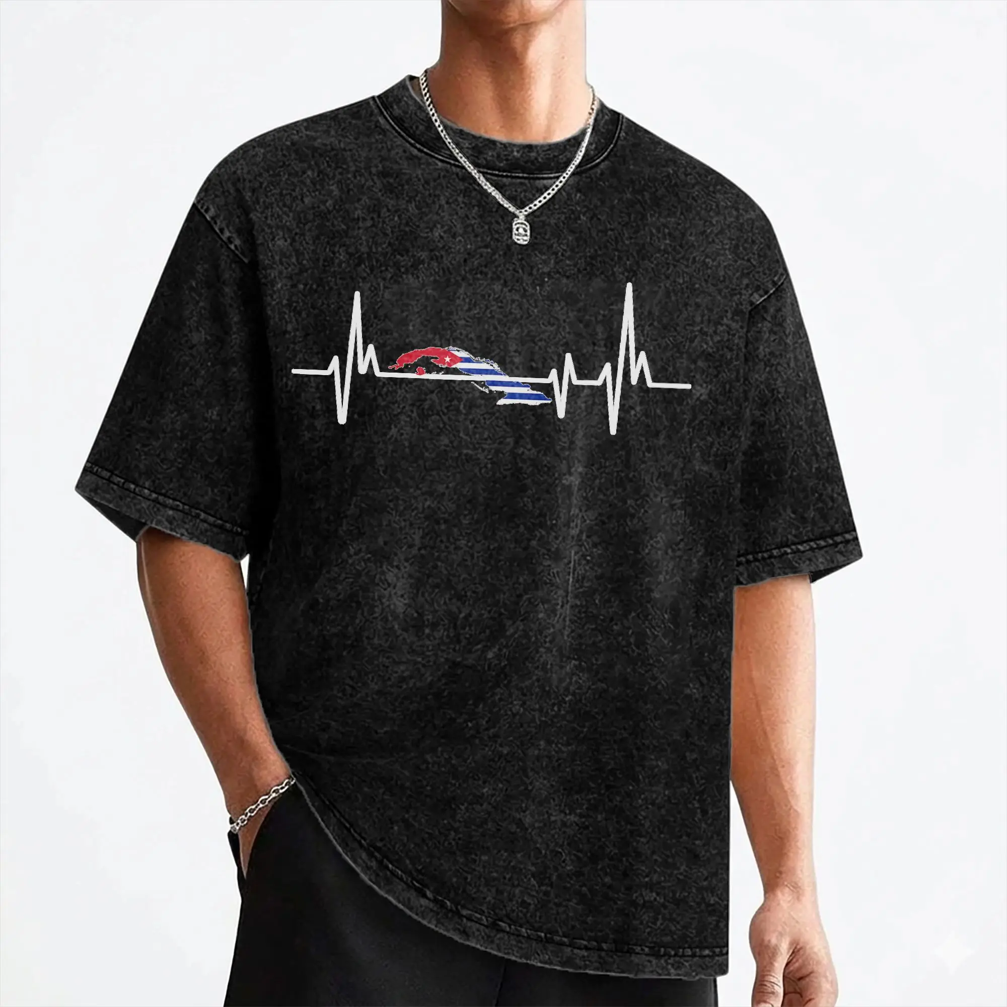 Heartbeat Design Cuban Flag Cuba T Shirts Washed 100% Cotton High Street T-Shirts  Retro for Men Women Streetwear Graphic Tees