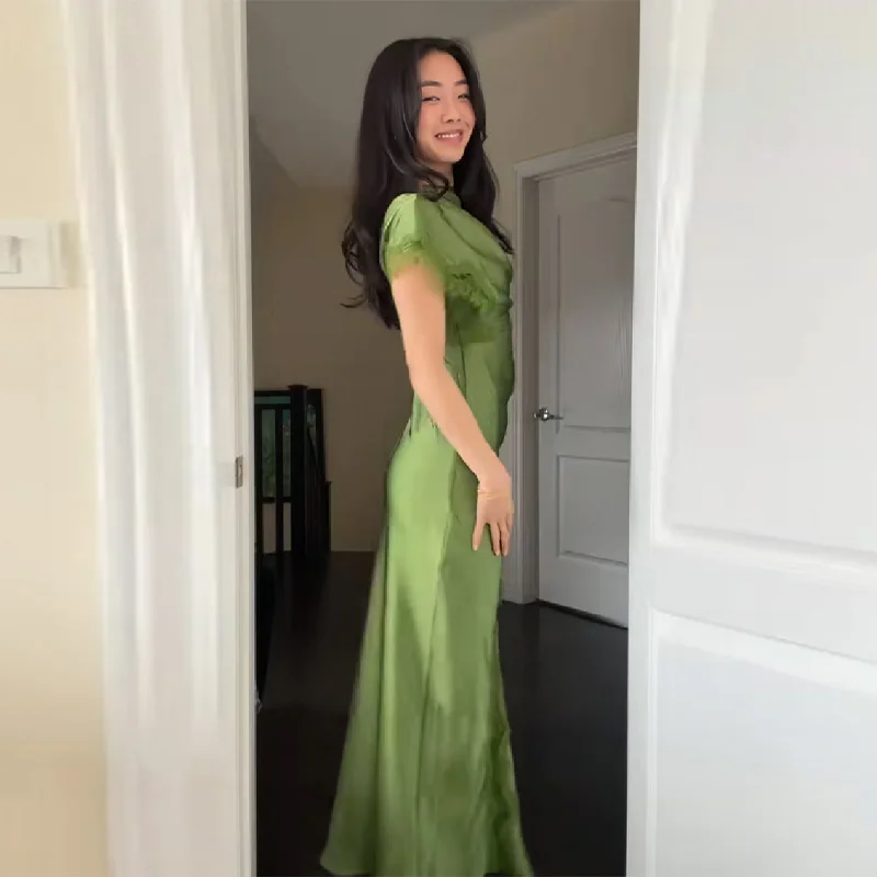 2026 Luxury Olive Green Satin Maxi Dress Women Elegant Shawl Design Lace Trim Asymmetrical Hem Ruched Bodycon Formal Dinner Gown