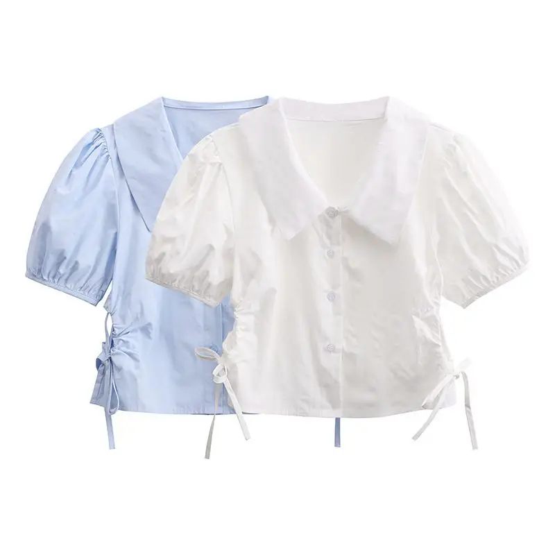 French Turn Down Collar Summrt Puff Short Sleeve Blouse Y2k Sweet Drawstring Casual All Match Crop Top Korean High Street Shirts