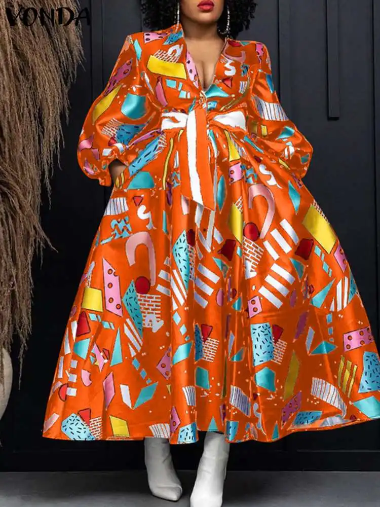 Plus Size VONDA Elegant Women Satin Dress V-neck Bohemian Ruffled Long Dress Floral Printed Puff Sleeve Casual Sundress Belted