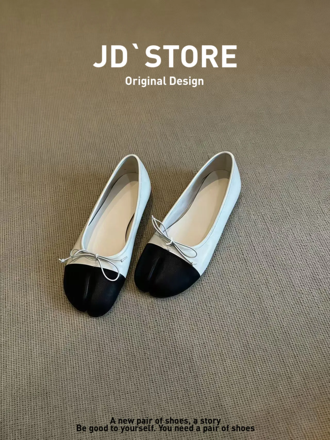 black-white-spliced-leather-flat-bottom-single-shoes-women-slip-on-ballet-flat-shoes-trendy-knot-flats-comfortable