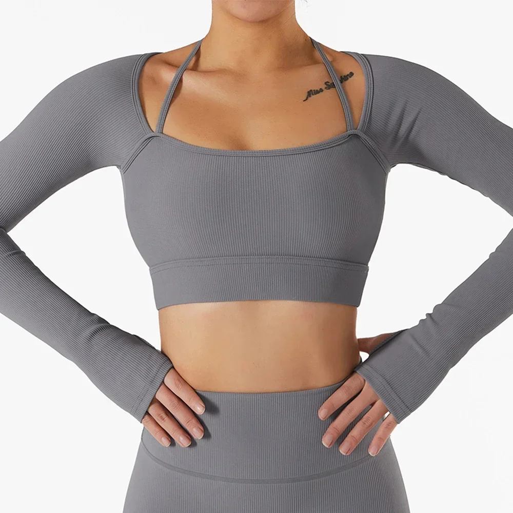 Sexy Hanging Neck Sports Shirts With Pads Women Seamless Long Sleeve Gym Workout Yoga Shirts Thumb Holes Running Fitness Tops