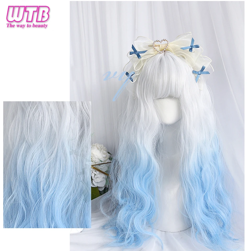 WTB Cosplay Wig Synthetic Long Wavy White Ombre Light Blue Colorful Lolita Wigs with Bangs Halloween Daily Wigs Heat Resistant