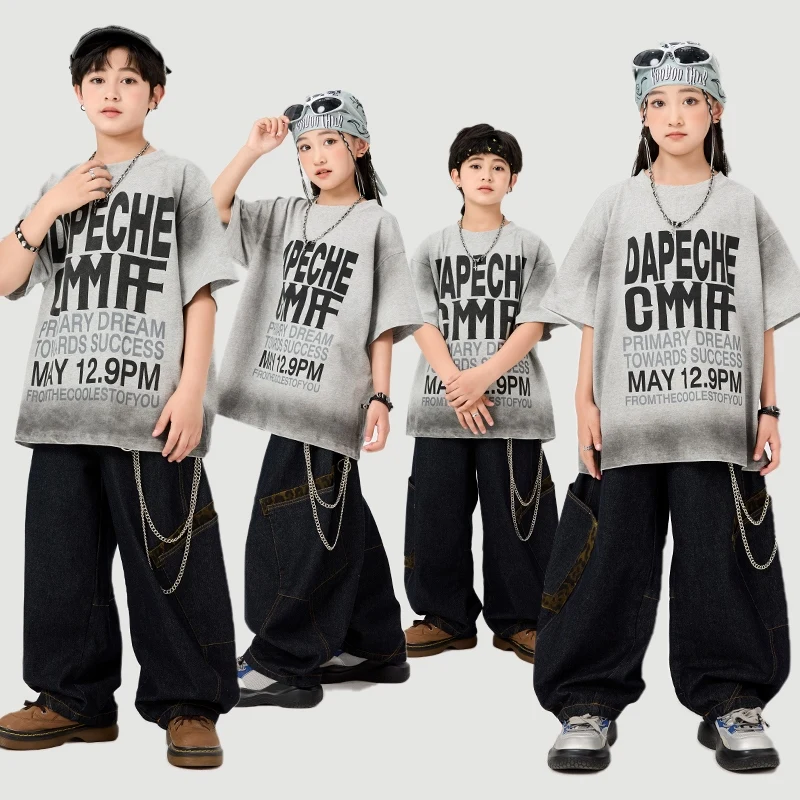 

Kids Hip Hop Dance Clothes Boys Short Sleeves Loose T Shirt Black Pants Girls Jazz Practice Clothing Summer Jogger Wear BL16083