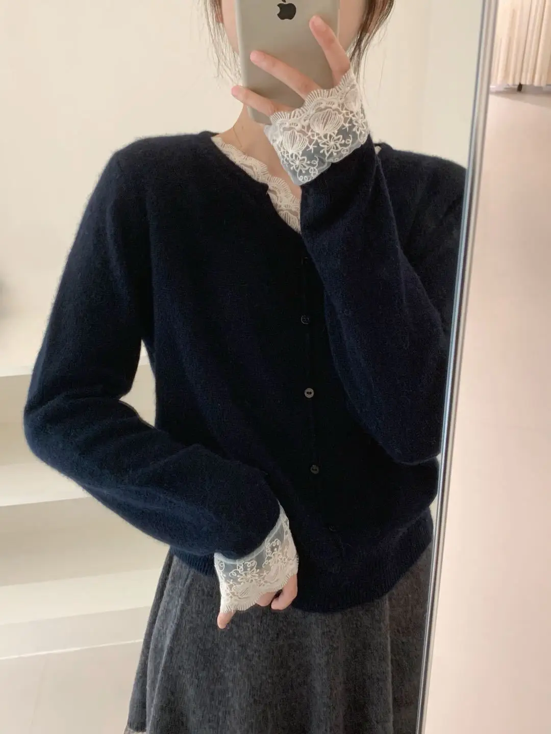 Jersey de lana con cuello en V de estilo coreano y puños de encaje, hecho de lana y lana de alpaca, suéter de punto