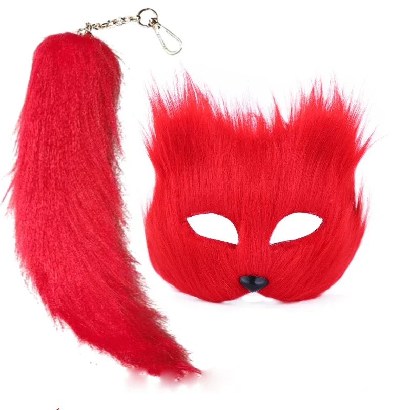 Maschera termica maschera di volpe in pelliccia sintetica, maschera termica e coda per ragazza Furry Cat Fox Wolf Mask per le donne Costume di Halloween