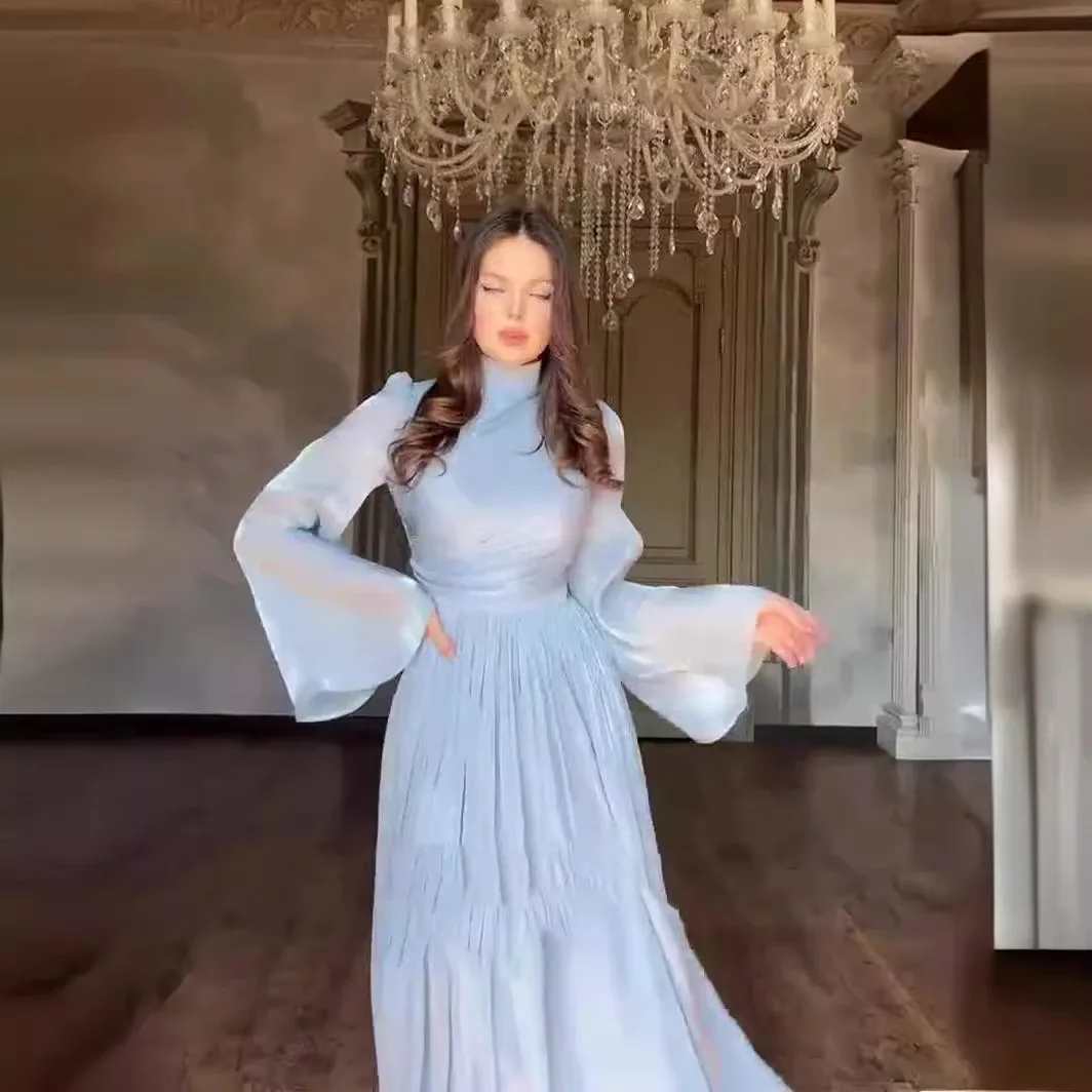 French Luxury Pleated Wedding Formal Occasion Dresses For Women's Elegant A Line Long Sleeve Chic Shine Robe Holiday Clothes