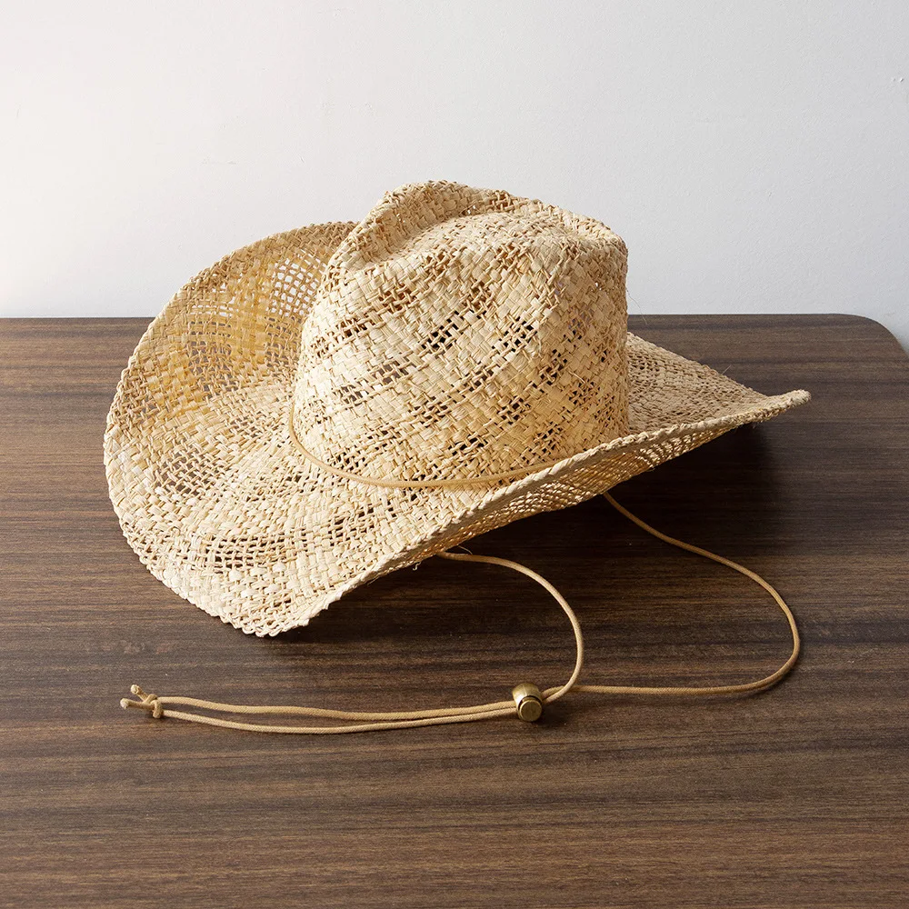 USPOP Wide Brim Straw Fedora Unisex Raffia Straw Cowboy Hat Handwoven Breathable Hollow Summer Sun Hat with Chin Strap