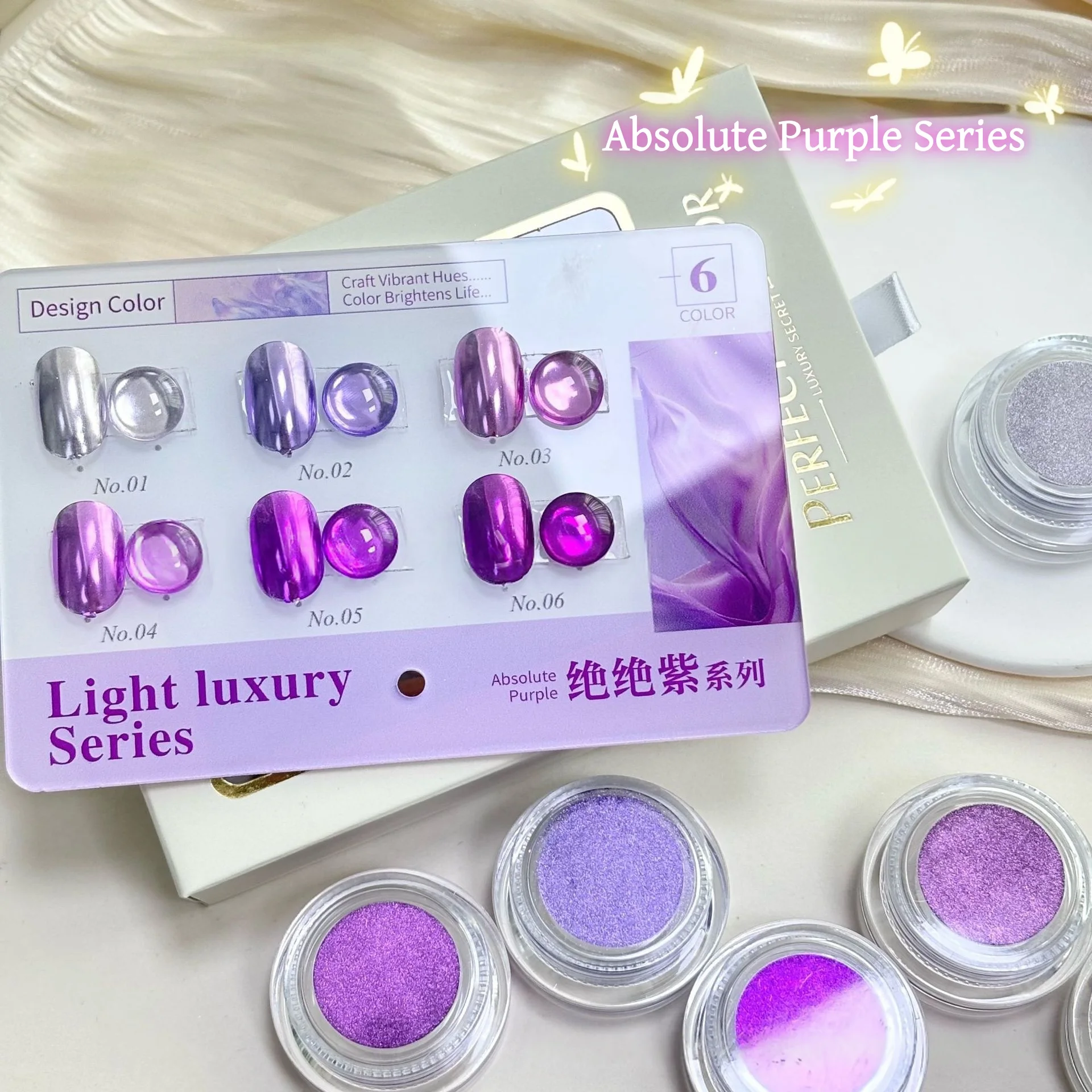 6-Color Nail Powder Set with Color Board, Premium Purple Nail Art Supplies, Professional and Personal Use, Fall Winter Essential