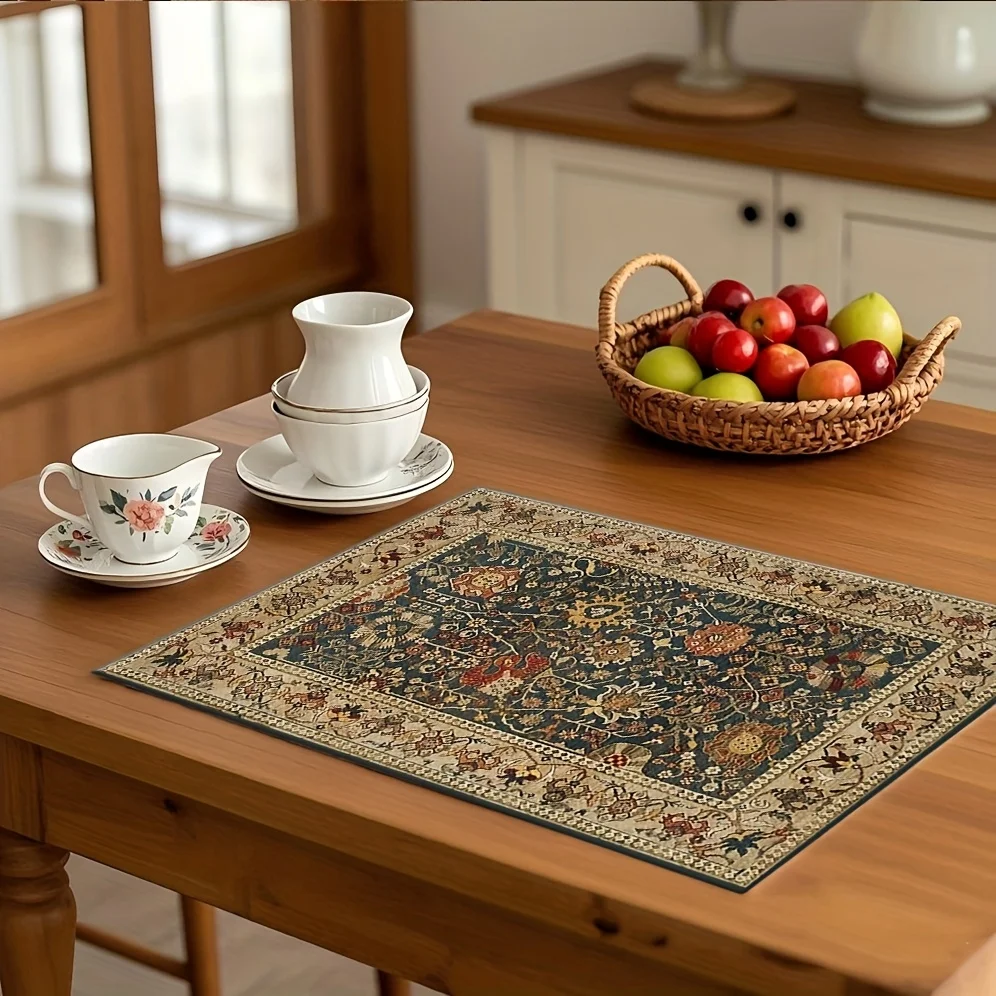 VIKAMA Vintage Black Gold Oriental Rug Square Placemat Washable Heat Resistant Kitchen Table Mats for Winter Home Dinner Decor