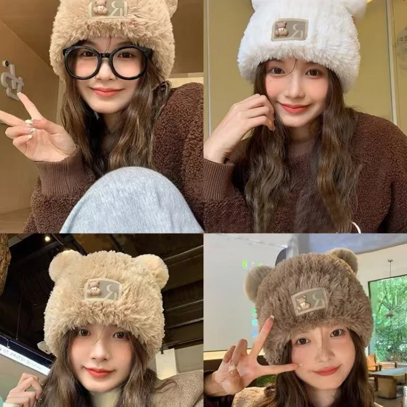 

New Cute Bear Ears Knitted Winter Hat For Women In Autumn Caps For Women Plush Insulation Keep Warm Fisherman Hat Outdoor