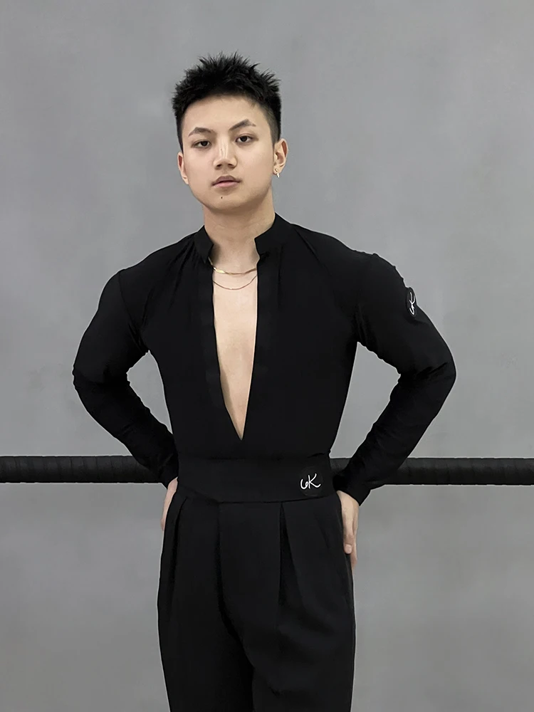 2024 New Latin Dance Tops For Men V-Neck Long Sleeved Mesh Shirts Samba Modern Dance Practice Clothes Adult Latin Wear DQS17185
