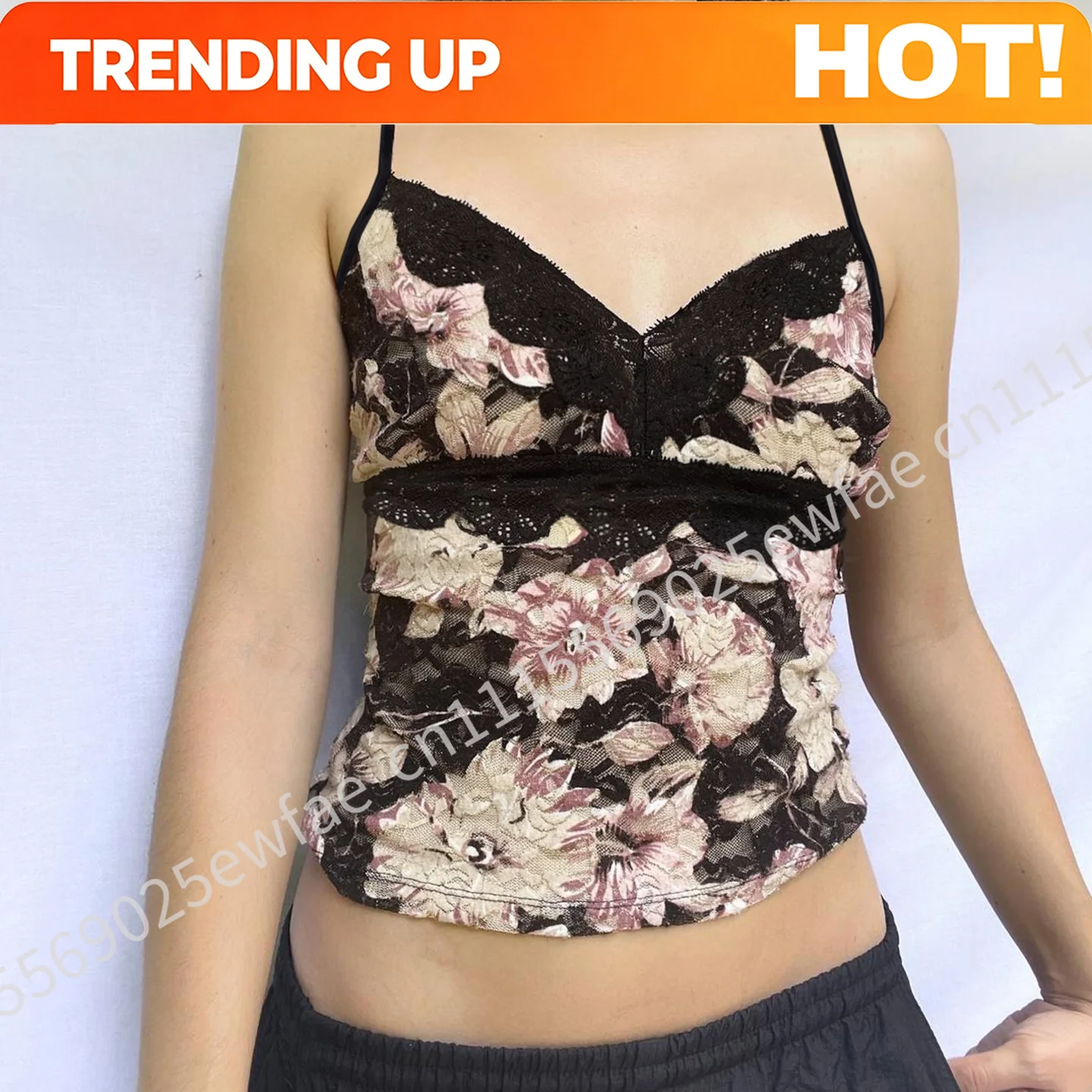 Cami Top Lace - ヴィンテージプリントタンクトップ Y2k ノースリーブバックレススパゲッティストラップキャミソールストリートウェアレースキャミトップス夏服カジュアル