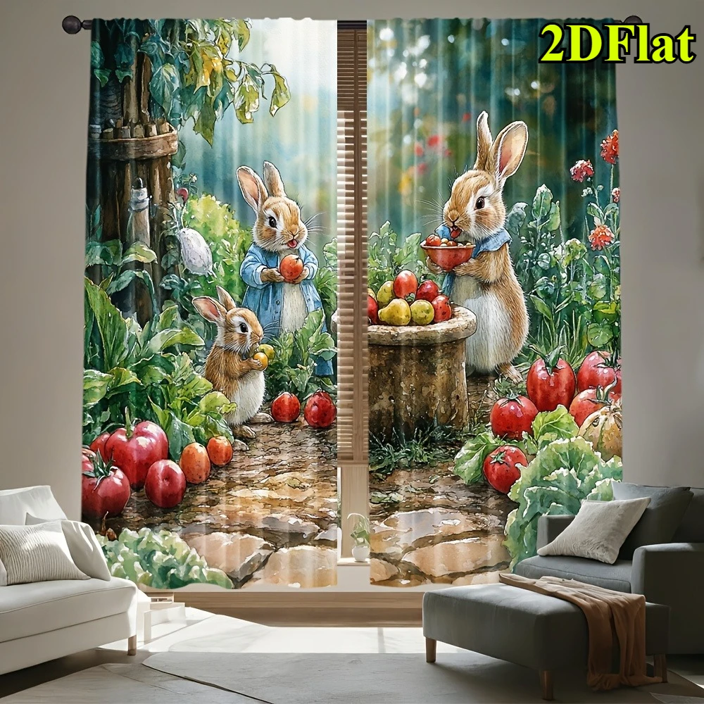 2pcs Rabbit Garden Curtains Vegetable Harvest Print Drape Farmhouse Kitchen Window Treatment Cute Animal Home Decor Panels