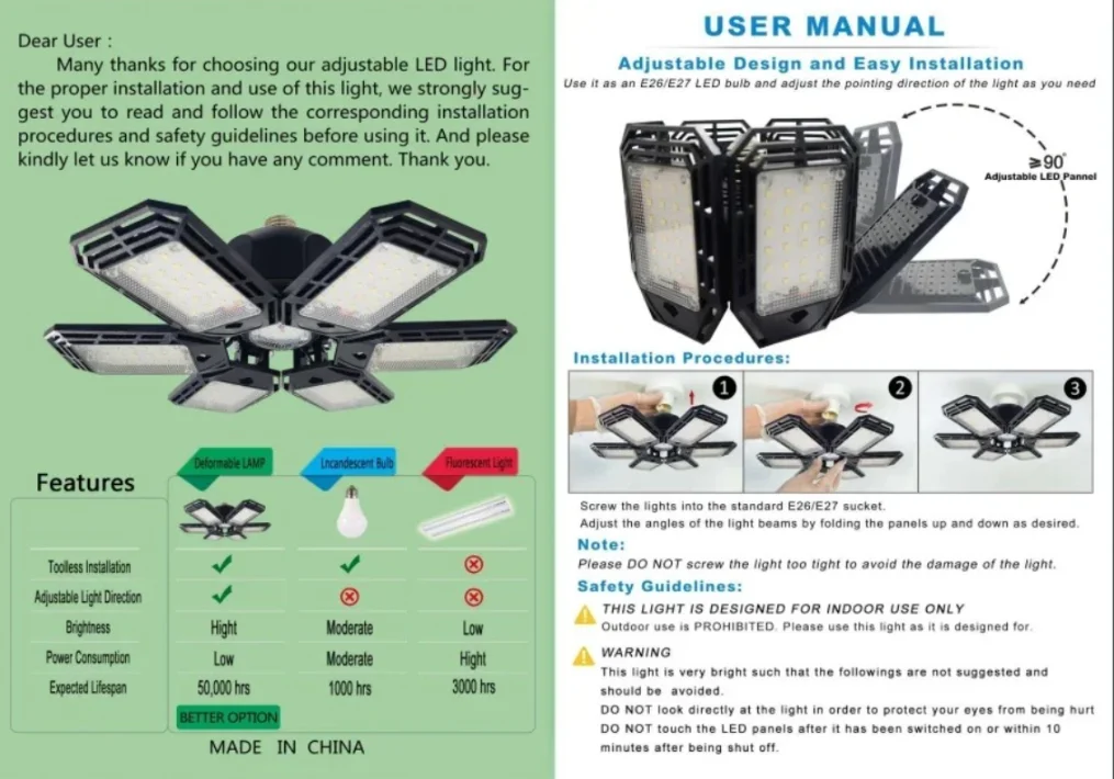 Adjustable LED garage lamp |3 panel ceiling lamp design sunlight deformable home/workshop/basement decoration lighting