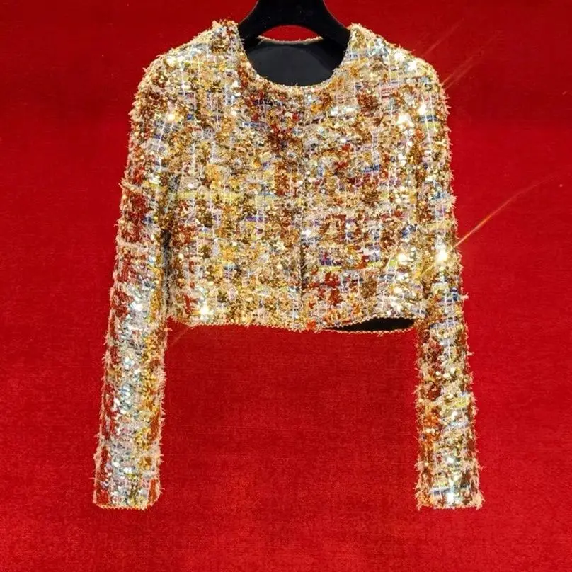 

Autumn Winter Gold Sequin Shiny Long Sleeve Party Club Jackets Outerwears Women Dance Stage Coat