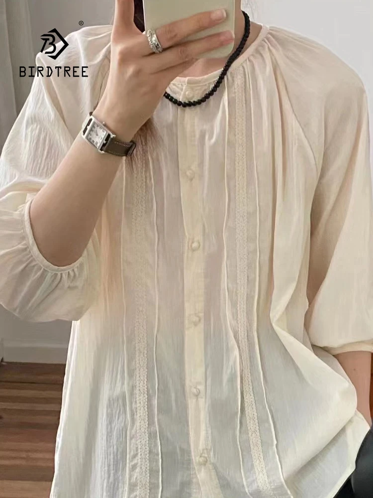 

New Spring Cotton Solid Loose Shirt Women O-Neck 3/4 Sleeve Literature Commute Blouse Girl Casual Thin Top 2024 Autumn T45415QC