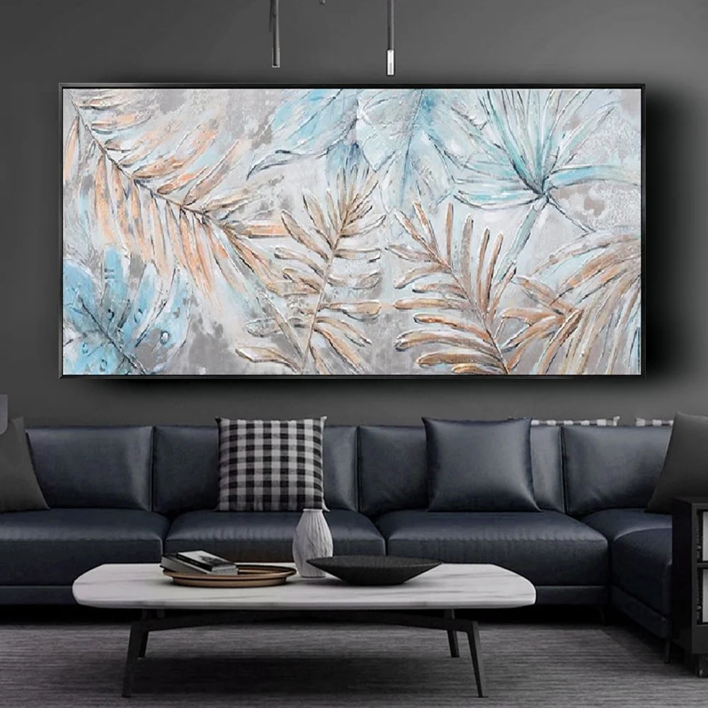 لوحة تجريدية مرسومة يدويًا على قماش الكانفاس لوحة جدارية أوراق زرقاء وفضية صور زهور حديثة لغرفة المكتب ديكور منزلي شمالي