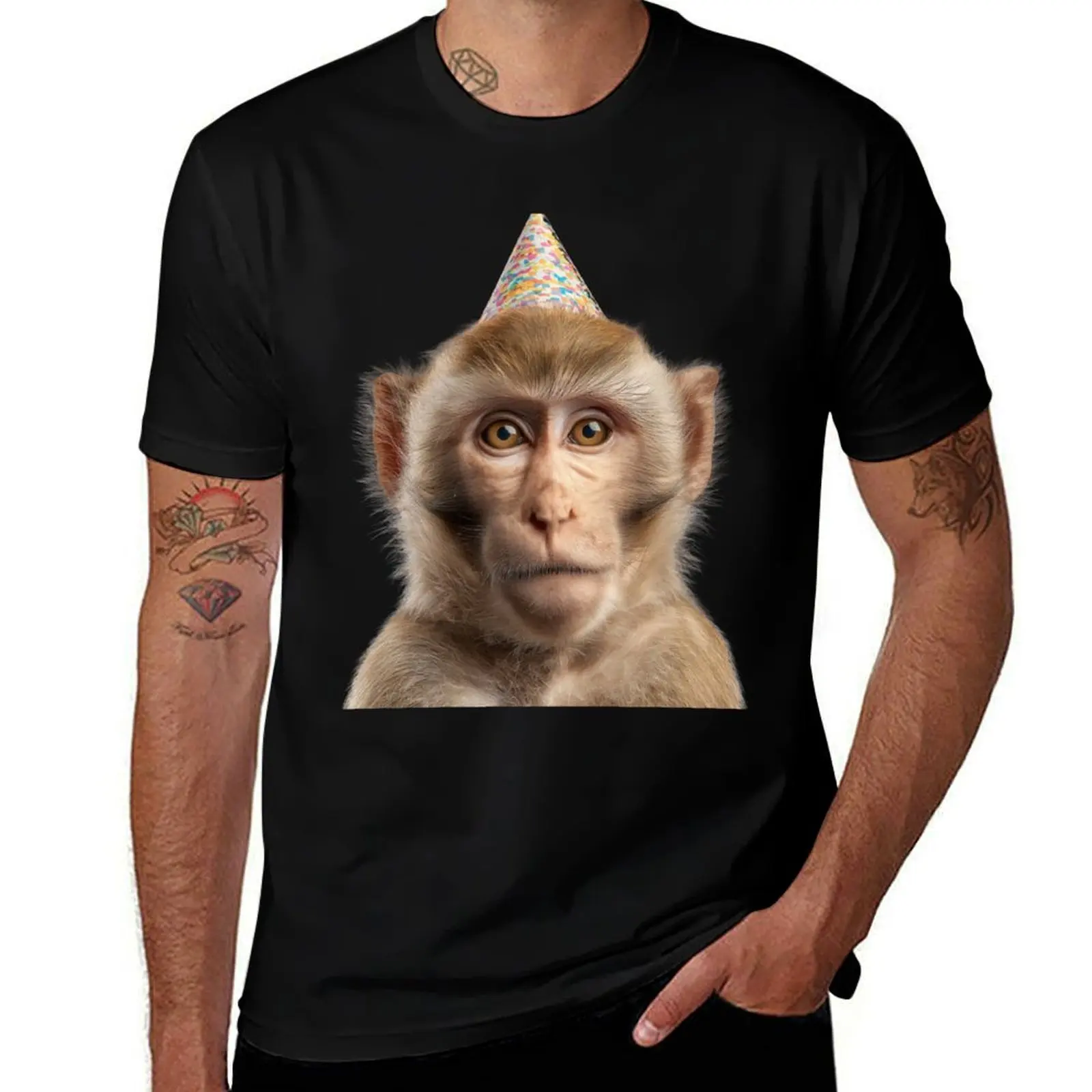 

Cute Macaque with Party Hat Birthday Celebration T-Shirt anime figures tees anime stuff gifts for boyfriend Men's cotton t-shirt